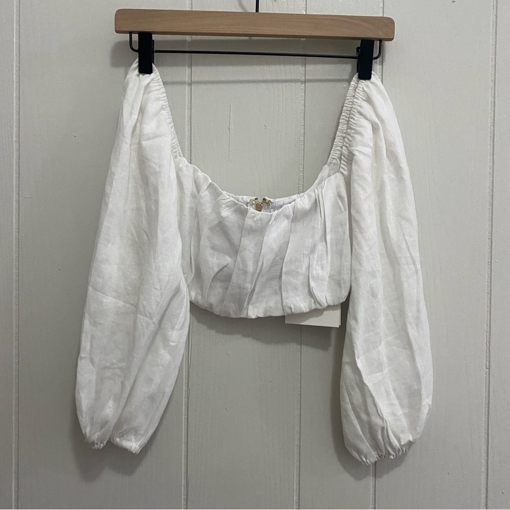 NWT DISSH Elegant White 100% Linen Long Sleeve Crop Top Size 8